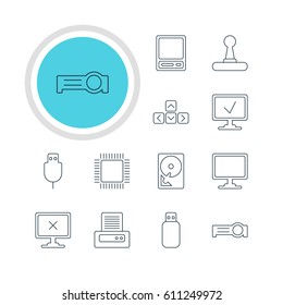 Vector Illustration Of 12 Computer Icons. Editable Pack Of Access Denied, Screen, Presentation And Other Elements.