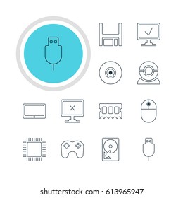 Vector Illustration Of 12 Computer Icons. Editable Pack Of Microprocessor, Gamepad, Tablet And Other Elements.