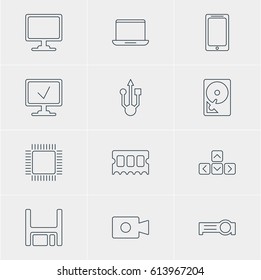 Vector Illustration Of 12 Computer Icons. Editable Pack Of Hard Drive Disk, Memory Chip, Presentation And Other Elements.