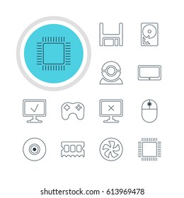 Vector Illustration Of 12 Computer Icons. Editable Pack Of Memory Chip, Cursor Manipulator, Tablet And Other Elements.
