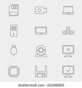 Vector Illustration Of 12 Computer Icons. Editable Pack Of Diskette, Online Computer, Movie Cam And Other Elements.