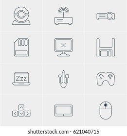 Vector Illustration Of 12 Computer Icons. Editable Pack Of Web Camera, Usb Icon, Presentation And Other Elements.