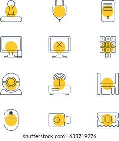 Vector Illustration Of 12 Computer Icons. Editable Pack Of Mainframe, Movie Cam, Memory Chip And Other Elements.