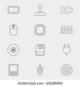Vector Illustration Of 12 Computer Icons. Editable Pack Of Tablet, Objective, Memory Chip And Other Elements.