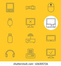 Vector Illustration Of 12 Computer Icons. Editable Pack Of Tablet, Printer, Serial Bus And Other Elements.