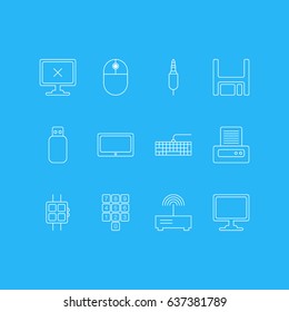 Vector Illustration Of 12 Computer Icons. Editable Pack Of Access Denied, Screen, Diskette And Other Elements.