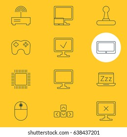 Vector Illustration Of 12 Computer Icons. Editable Pack Of Screen, Tablet, Microprocessor And Other Elements.