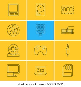 Vector Illustration Of 12 Computer Icons. Editable Pack Of Gamepad, Cooler, Web Camera And Other Elements.