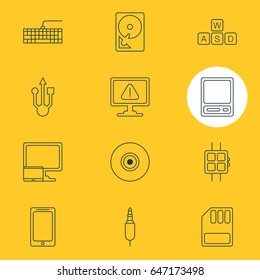 Vector Illustration Of 12 Computer Icons. Editable Pack Of Qwerty Board, Objective, Storage And Other Elements.