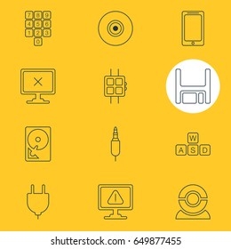 Vector Illustration Of 12 Computer Icons. Editable Pack Of Smartphone, Hard Drive Disk, Modern Watch And Other Elements.