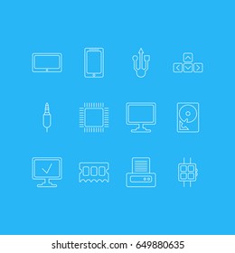 Vector Illustration Of 12 Computer Icons. Editable Pack Of Keypad, Printer, Microprocessor And Other Elements.