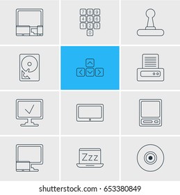 Vector Illustration Of 12 Computer Icons. Editable Pack Of Game Controller, Printer, Number Keypad And Other Elements.