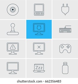 Vector Illustration Of 12 Computer Icons. Editable Pack Of Game Controller, Objective, Flash Drive And Other Elements.