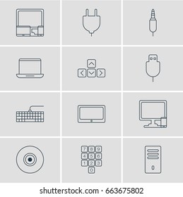 Vector Illustration Of 12 Computer Icons. Editable Pack Of Input Jack, Tablet, Keypad And Other Elements.