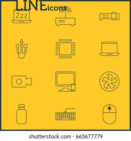 Vector Illustration Of 12 Computer Icons. Editable Pack Of Cursor Manipulator, Microprocessor, Cooler And Other Elements.
