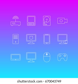Vector Illustration Of 12 Computer Icons. Editable Pack Of Mainframe, Router, Antivirus And Other Elements.