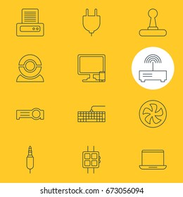Vector Illustration Of 12 Computer Icons. Editable Pack Of Game Controller, Presentation, Cooler And Other Elements.