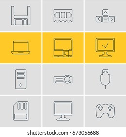 Vector Illustration Of 12 Computer Icons. Editable Pack Of Presentation, Gamepad, Mainframe And Other Elements.