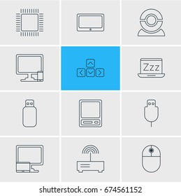 Vector Illustration Of 12 Computer Icons. Editable Pack Of Microprocessor, Router, Web Camera And Other Elements.