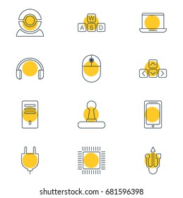 Vector Illustration Of 12 Computer Icons. Editable Pack Of Keyboard, Keypad, Web Camera And Other Elements.