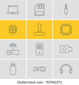 Vector Illustration Of 12 Computer Icons. Editable Pack Of Movie Cam, Notebook, Presentation And Other Elements.
