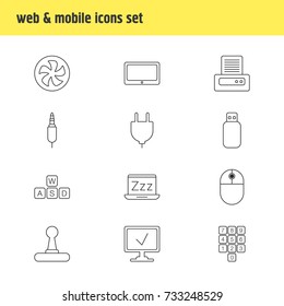 Vector Illustration Of 12 Computer Icons. Editable Pack Of Socket, Flash Drive, Online Computer And Other Elements.