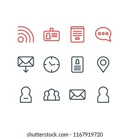 Vector illustration of 12 connect icons line style. Editable set of id, receive mail, conversation and other icon elements.