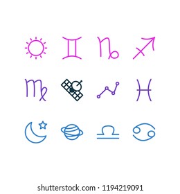 Vector illustration of 12 constellation icons line style. Editable set of sputnik, cancer, virgo and other icon elements.