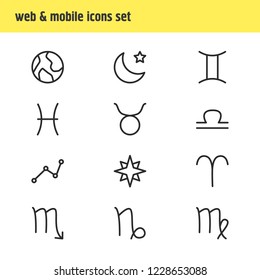 Vector illustration of 12 constellation icons line style. Editable set of moon, taurus, scorpion and other icon elements.