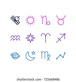 Vector Illustration Of 12 Constellation Icons. Editable Pack Of Sunny, Virgin, Ram And Other Elements.