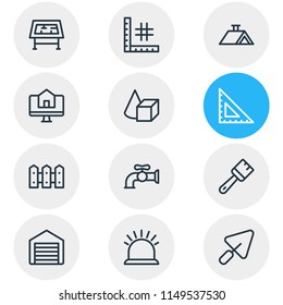 Vector illustration of 12 construction icons line style. Editable set of roof, shovel, drawing table and other icon elements.