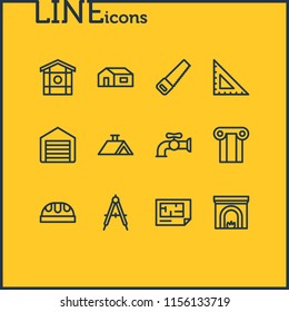 Vector illustration of 12 construction icons line style. Editable set of roof, saw, column and other icon elements.
