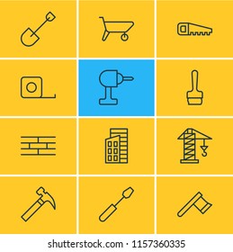 Vector illustration of 12 construction icons line style. Editable set of handsaw, screwdriver, hammer icon elements.
