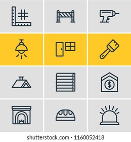 Vector illustration of 12 construction icons line style. Editable set of security, roof, sell house and other icon elements.