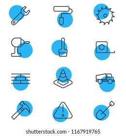 Vector illustration of 12 construction icons line style. Editable set of hammer, cone, truck and other icon elements.