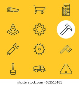 Vector Illustration Of 12 Construction Icons. Editable Pack Of Cogwheel, Paintbrush, Hacksaw And Other Elements.