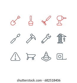 Vector Illustration Of 12 Construction Icons. Editable Pack Of Handle Hit, Lifting, Handcart Elements.