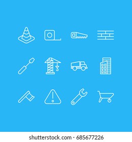 Vector Illustration Of 12 Construction Icons. Editable Pack Of Road Sign, Measure Tape, Barrier And Other Elements.
