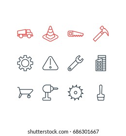 Vector Illustration Of 12 Construction Icons. Editable Pack Of Cogwheel, Spanner, Paintbrush And Other Elements.