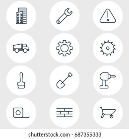 Vector Illustration Of 12 Construction Icons. Editable Pack Of Spade, Lorry, Apartment And Other Elements.