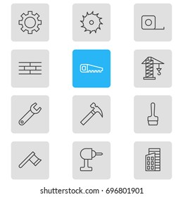 Vector Illustration Of 12 Construction Icons. Editable Pack Of Handle Hit, Lifting, Hatchet Elements.