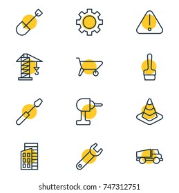 Vector Illustration Of 12 Construction Icons. Editable Pack Of Electric Screwdriver, Spade, Spanner And Other Elements.