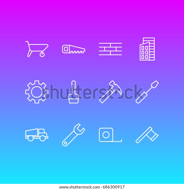 Vector Illustration Of 12\
Construction Icons. Editable Pack Of Handcart, Lorry, Hacksaw\
Elements.
