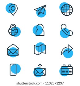 Vector illustration of 12 contact icons line style. Editable set of calendar, position, paper plane and other icon elements.