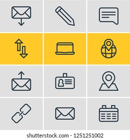 Vector illustration of 12 contact icons line style. Editable set of location, correspondence, link and other icon elements.