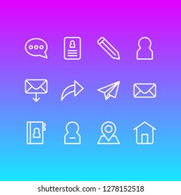 Vector illustration of 12 contact icons line style. Editable set of cv, house, member and other icon elements.