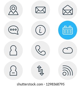 Vector illustration of 12 contact icons line style. Editable set of conversation, arrow, cloud and other icon elements.