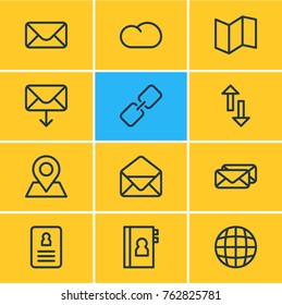 Vector Illustration Of 12 Contact Outline Icons. Editable Set Of Letter, Paper Geography, Direction And Other Elements.