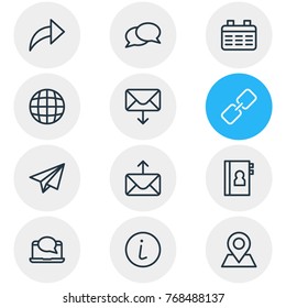 Vector Illustration Of 12 Contact Outline Icons. Editable Set Of Publish, Url, World And Other Elements.