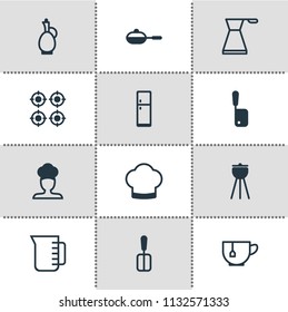 Vector illustration of 12 cooking icons. Editable set of meat cleaver, decanter, gas stove and other icon elements.